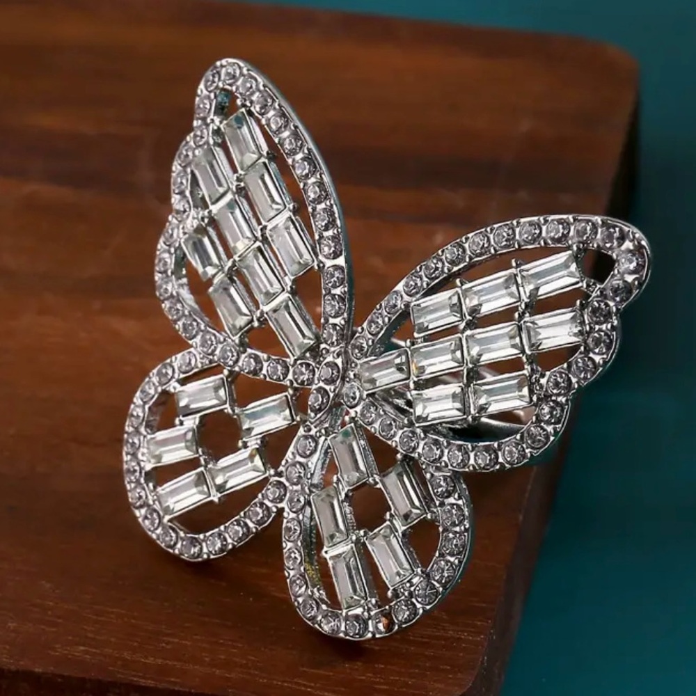 Crystal Butterfly Brooch Pin - Silver Tone